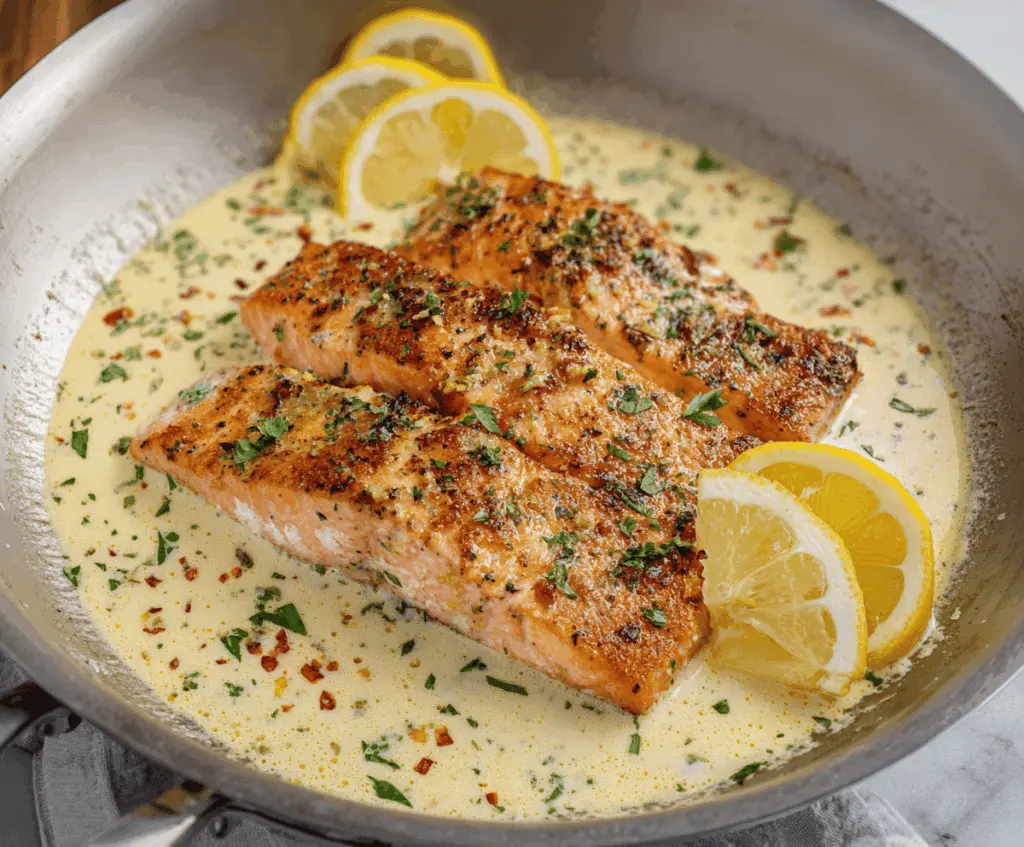 Creamy Lemon Butter Salmon fillet garnished with fresh herbs on a white plate, served with lemon wedges and side vegetables