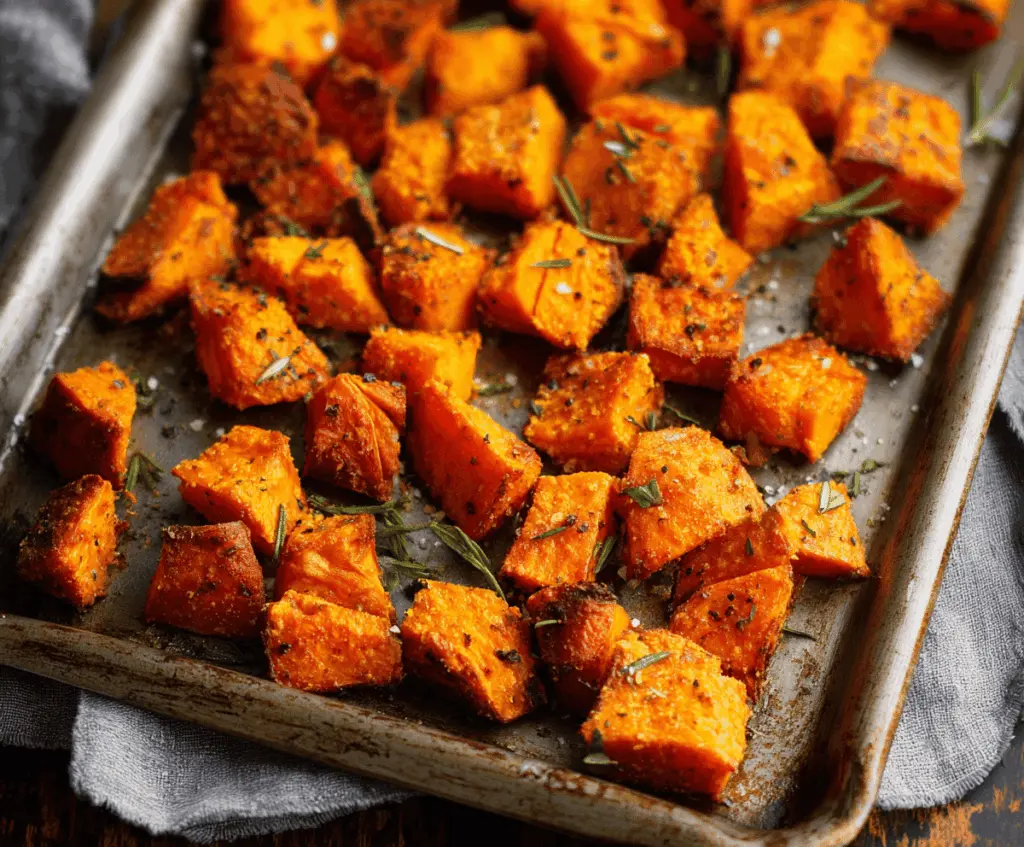 Golden roasted sweet potatoes topped with crispy, crunchy edges, served on a white plate, perfect for a healthy, flavorful snack or side dish.
