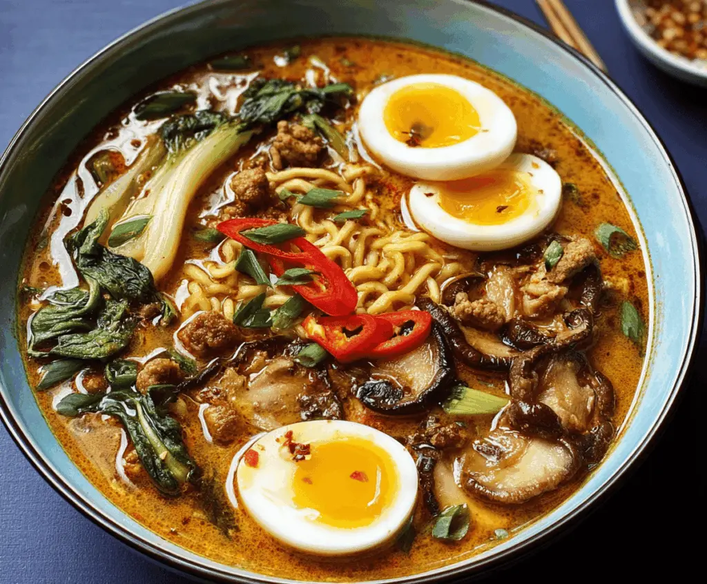 A bowl of steaming curry ramen soup topped with sliced vegetables, boiled eggs, and fresh herbs, served in a ceramic bowl.