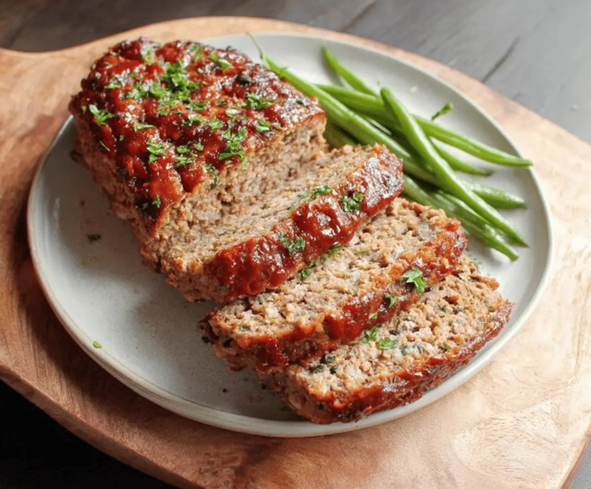 Delicious dairy-free meatloaf served on a plate with fresh herbs, perfect for a hearty and allergen-friendly meal.