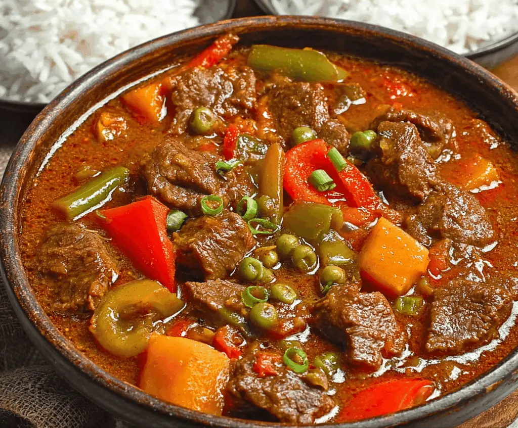 Savory Filipino Beef Caldereta served with tender beef, vegetables, and rich tomato sauce in a bowl