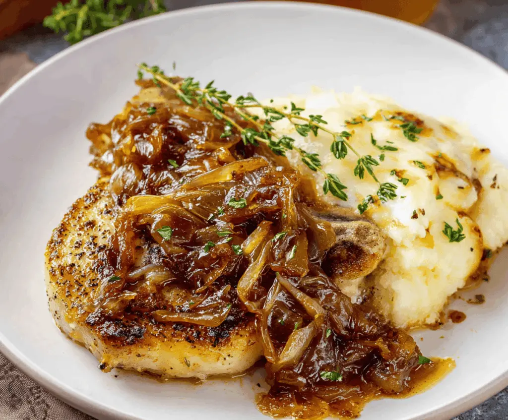 Juicy French Onion Pork Chops topped with caramelized onions and melted cheese, served with a side of vegetables on a plate.