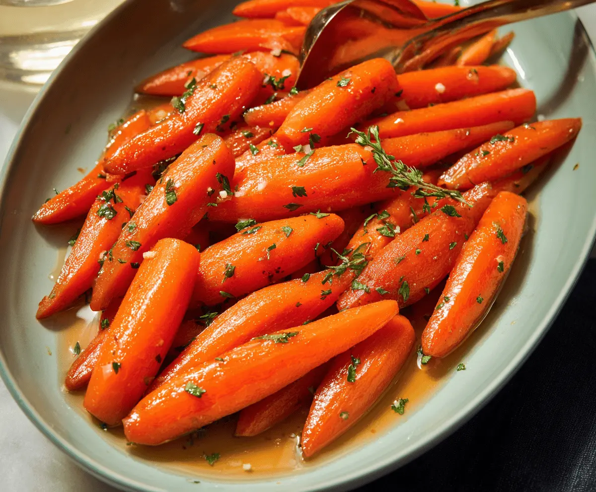 Colorful glazed carrots garnished with fresh herbs, served on a white plate, perfect for a healthy side dish.