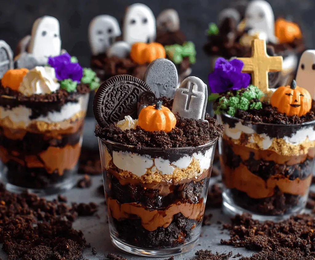 A Halloween-themed Graveyard Dirt Cup with chocolate pudding, crushed cookies, gummy worms, and spooky decorations on a plate.