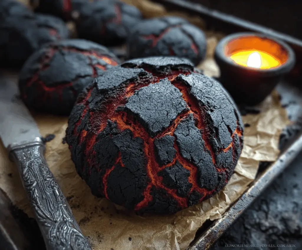 A spooky Halloween Brimstone Bread shaped like a fiery demon's mouth with glowing red pepper eyes and crust flames, perfect for a Halloween party centerpiece.