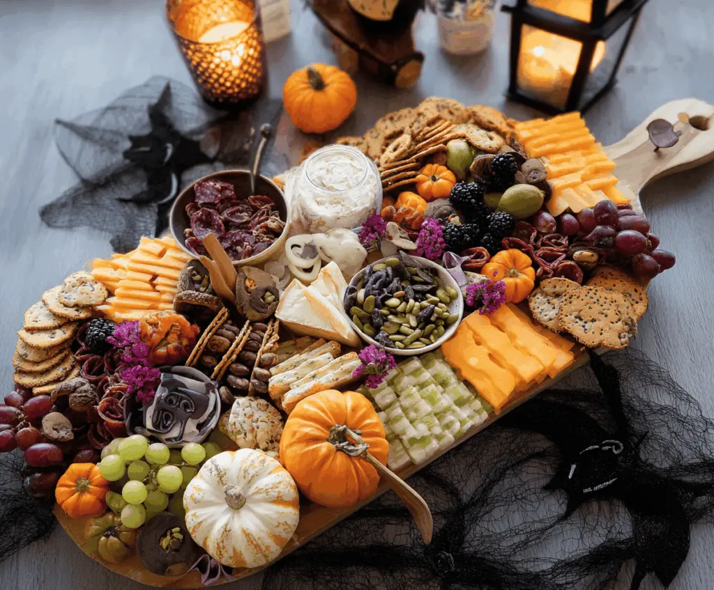 Festive Halloween charcuterie board featuring spooky themed cheeses, meats, fruits, and Halloween decorations for a tasty holiday appetizer spread
