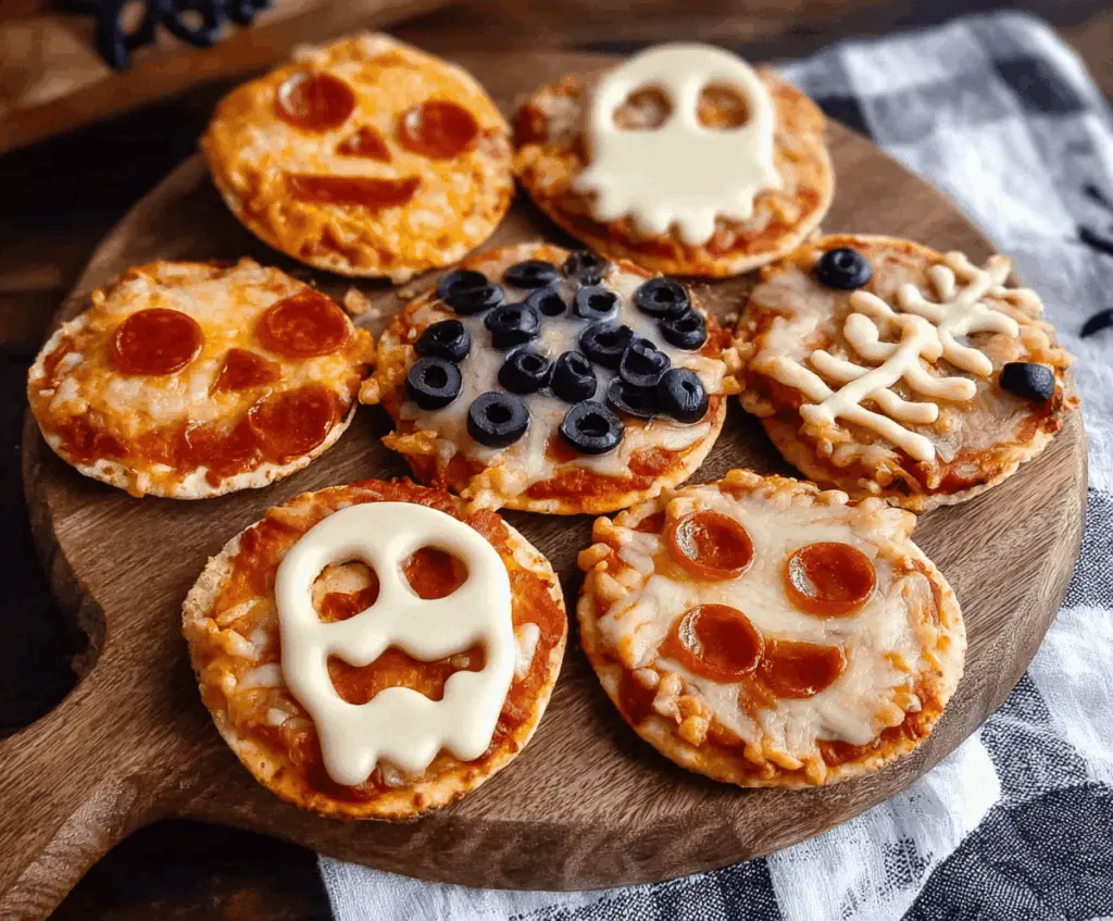 Delicious Halloween mini pizzas topped with colorful vegetables and cheese, perfect for spooky party snacks