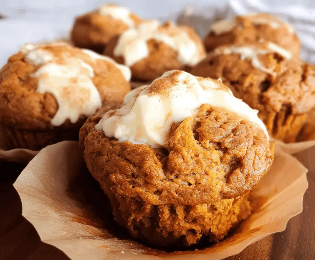 Delicious healthy pumpkin cream cheese muffins topped with a sprinkle of cinnamon, perfect for a nutritious breakfast or snack.