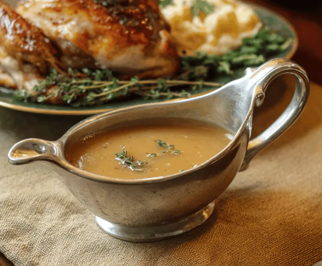 Creamy homestyle turkey gravy served over roasted turkey with herbs for a comforting meal.