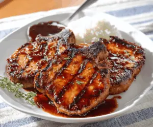 Juicy honey garlic pork chops served with fresh herbs and vegetables