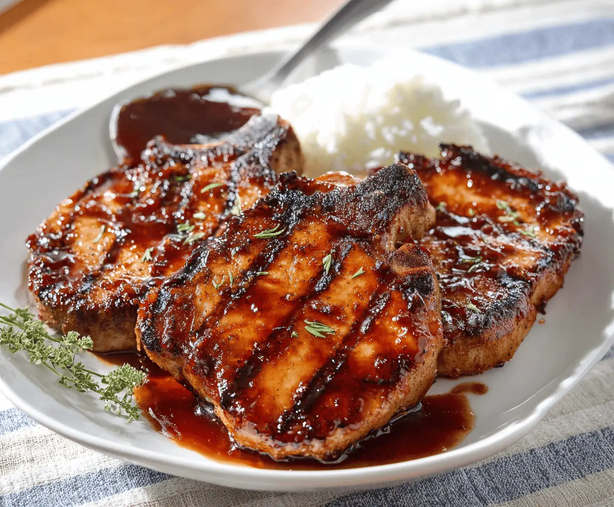 Juicy honey garlic pork chops served with fresh herbs and vegetables