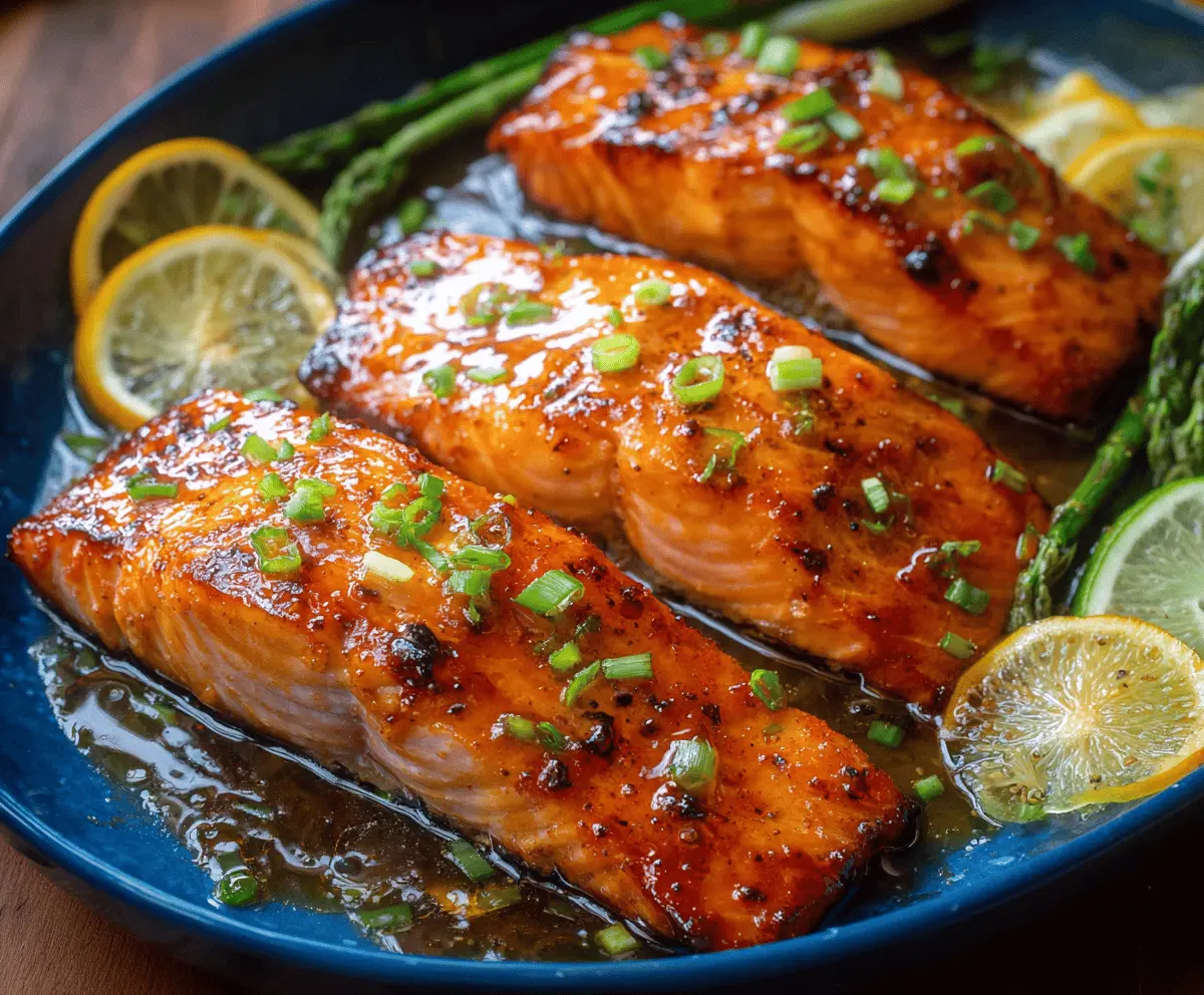 Delicious honey glazed salmon fillet garnished with fresh herbs on a plate, perfect for a healthy and flavorful meal.