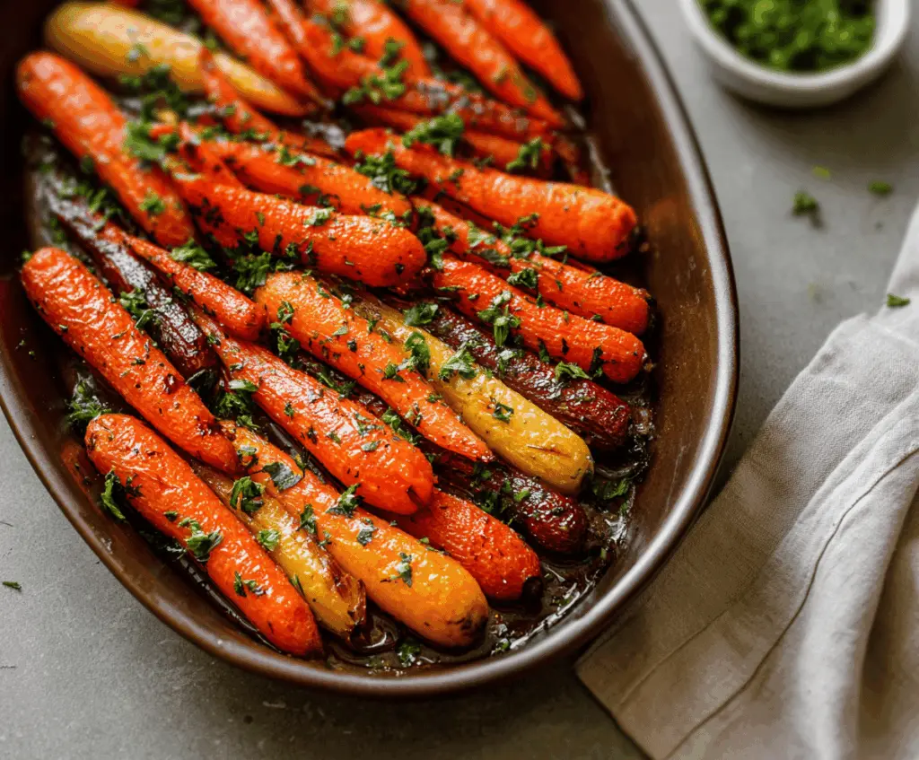 Golden honey roasted carrots garnished with fresh herbs, perfect for a healthy side dish.