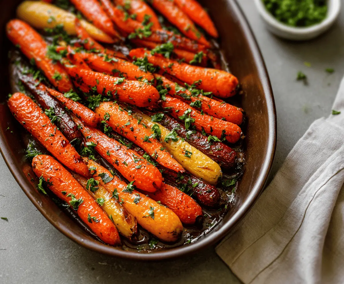 Golden honey roasted carrots garnished with fresh herbs, perfect for a healthy side dish.