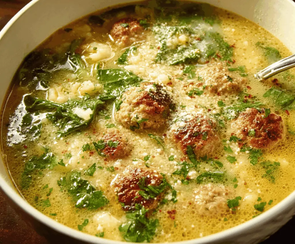 A steaming bowl of Italian Wedding Soup featuring meatballs, leafy greens, and pasta in a flavorful broth, garnished with fresh herbs.