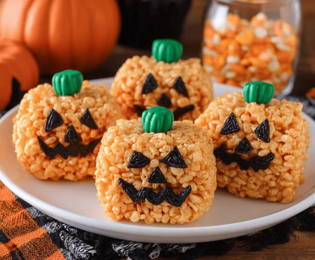 Colorful Jack O Lantern Rice Krispie Treats decorated with orange, green, and black icing for Halloween celebration.