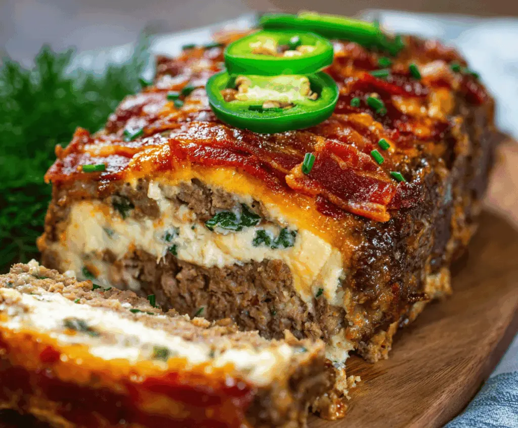 Delicious Jalapeño Popper Meatloaf topped with melted cheese and crispy bacon, served on a plate