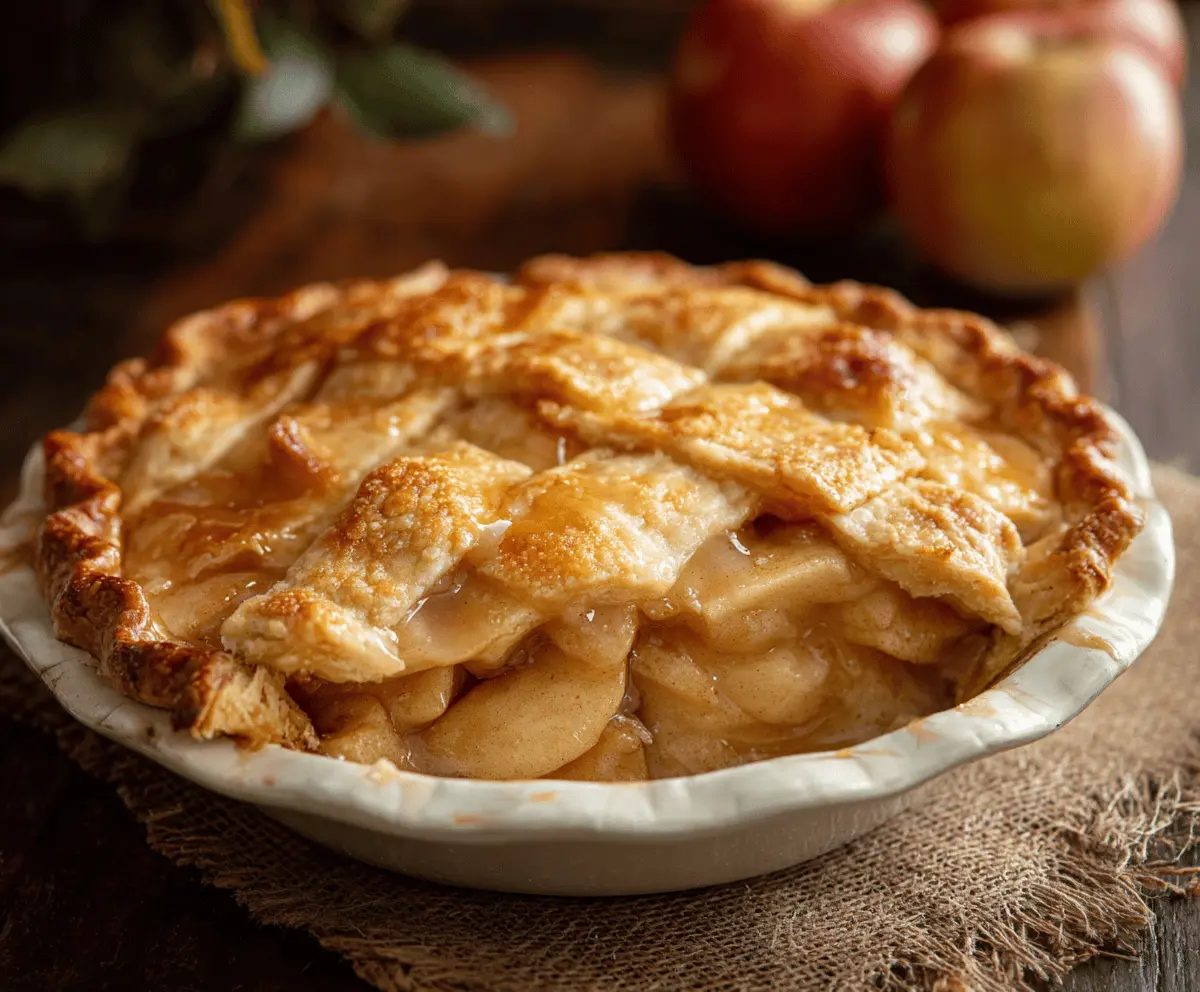 Delicious homemade Maple Apple Pie with golden crust, fresh apple slices, and a drizzle of maple syrup, perfect for fall desserts.