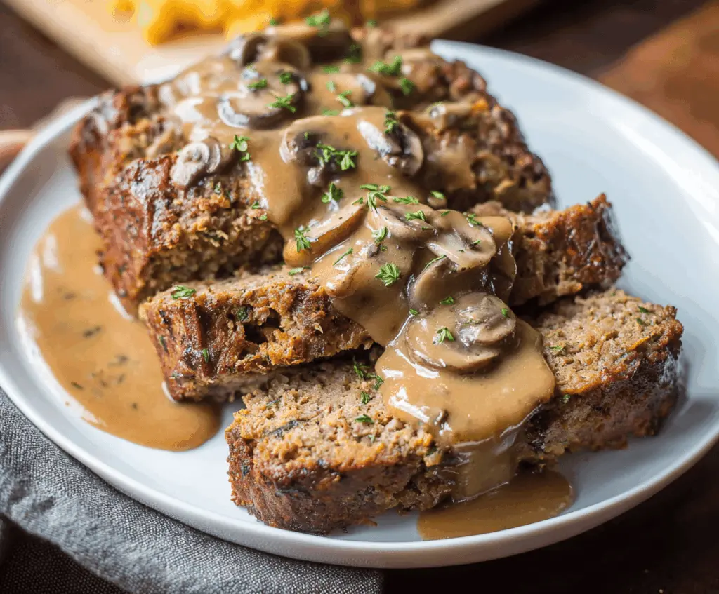 Delicious homemade meatloaf topped with savory mushroom gravy on a plate, served with vegetables and mashed potatoes for a hearty meal.