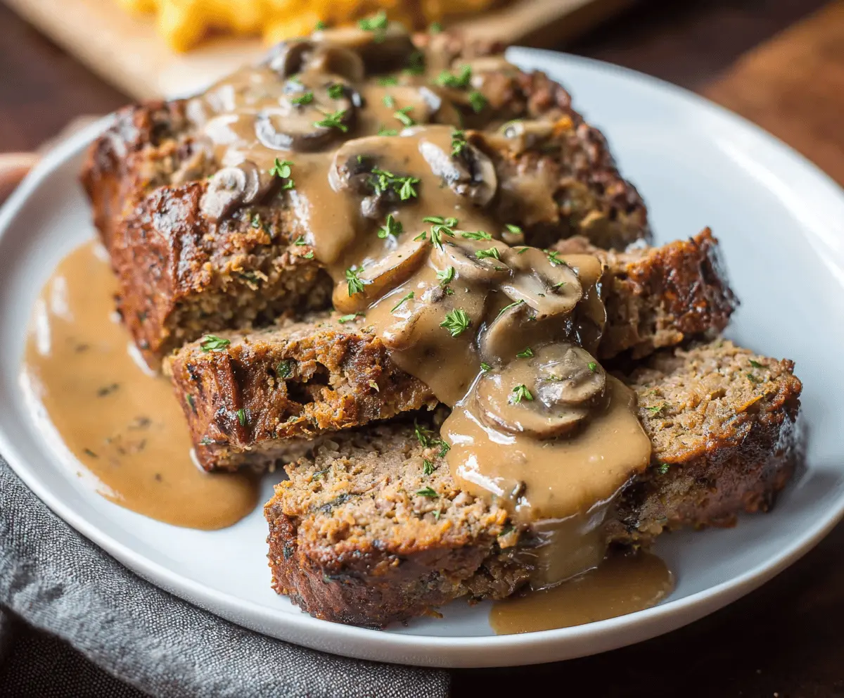 Delicious homemade meatloaf topped with savory mushroom gravy on a plate, served with vegetables and mashed potatoes for a hearty meal.