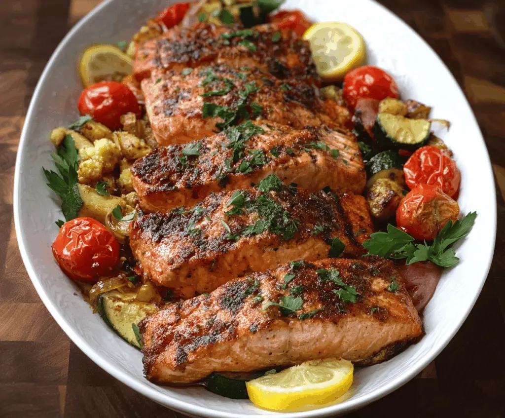 Delicious Mediterranean Salmon Bake topped with cherry tomatoes, olives, fresh herbs, and lemon slices, served on a white plate