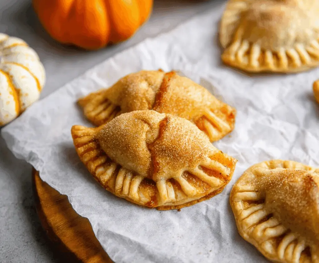 Delicious mini pumpkin hand pies with golden crust and spiced pumpkin filling, perfect for fall dessert or snack.
