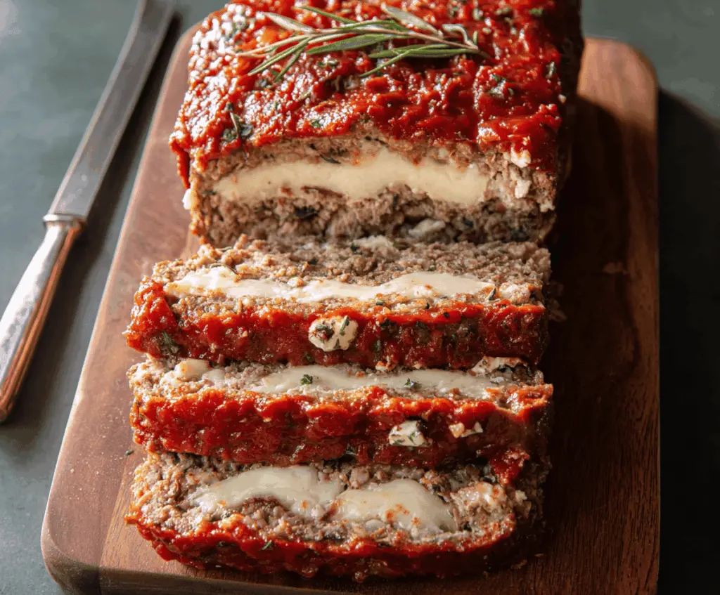 Delicious mozzarella-stuffed meatloaf topped with melted cheese and herbs, served on a plate, perfect for dinner