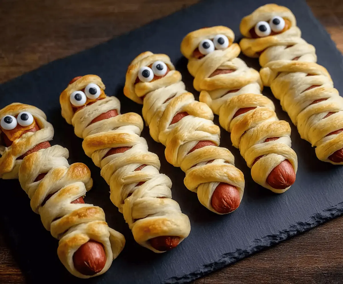 Cute Halloween Mummy Hot Dogs wrapped in dough with spooky eyes on a serving platter.