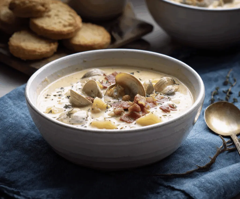 Creamy New England Clam Chowder served in a bowl with fresh herbs and oyster crackers, featuring tender clams, potatoes, and onions in a rich, comforting broth.