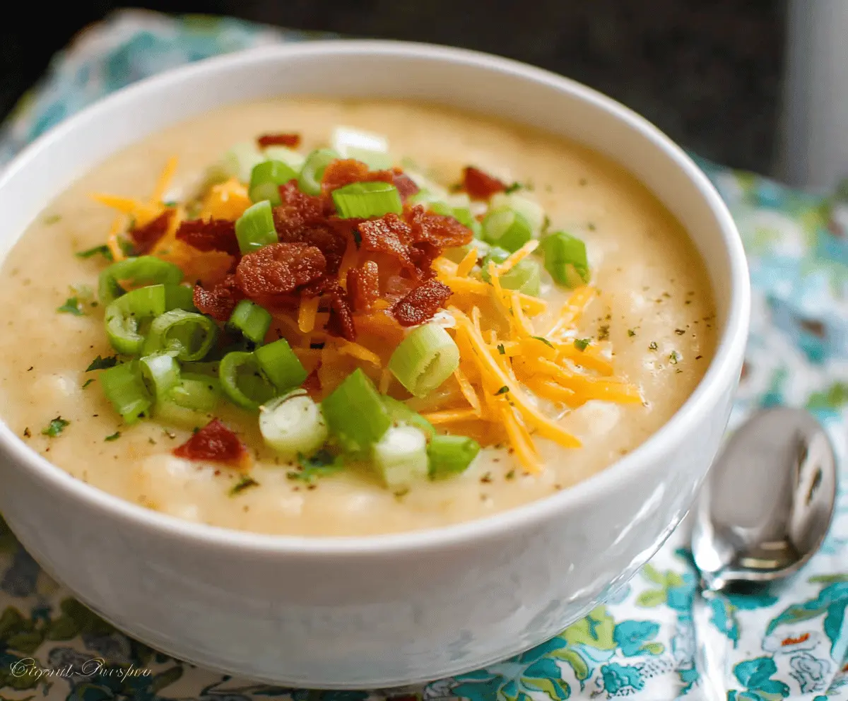 Creamy and hearty one-pot potato soup served in a bowl, garnished with fresh herbs and cheese, perfect for a comforting meal.