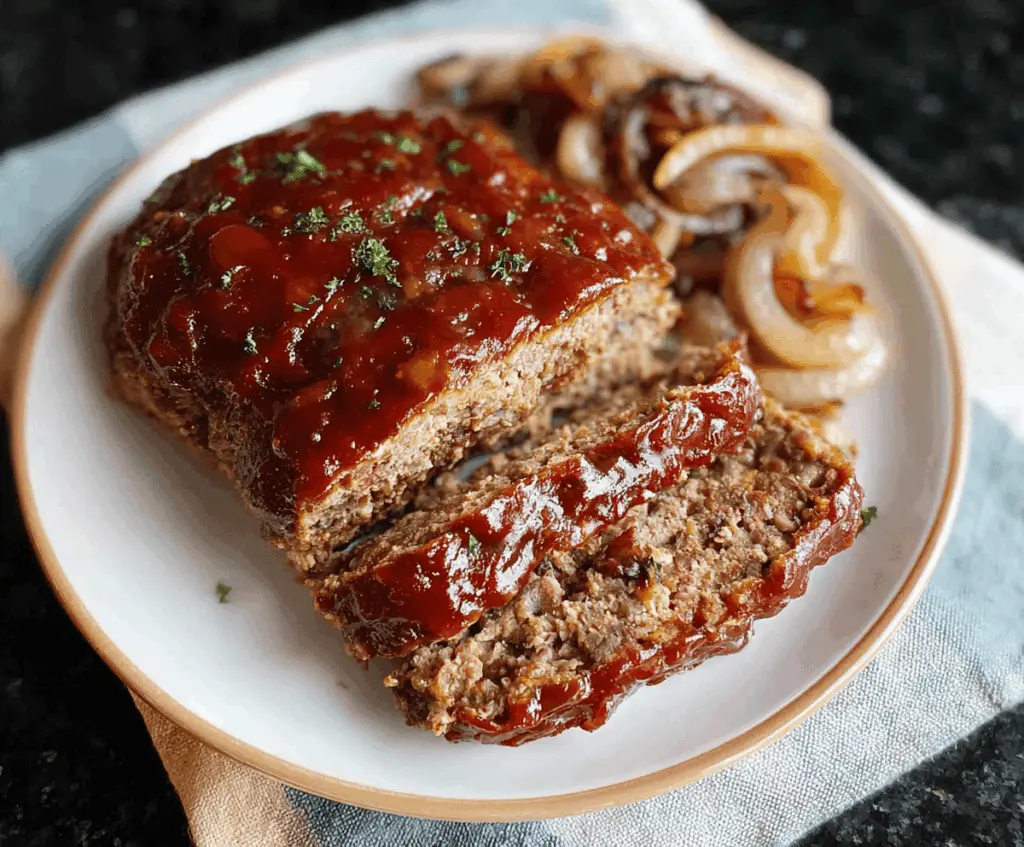 Delicious homemade meatloaf seasoned with savory onion soup mix, served on a plate with vegetables and mashed potatoes
