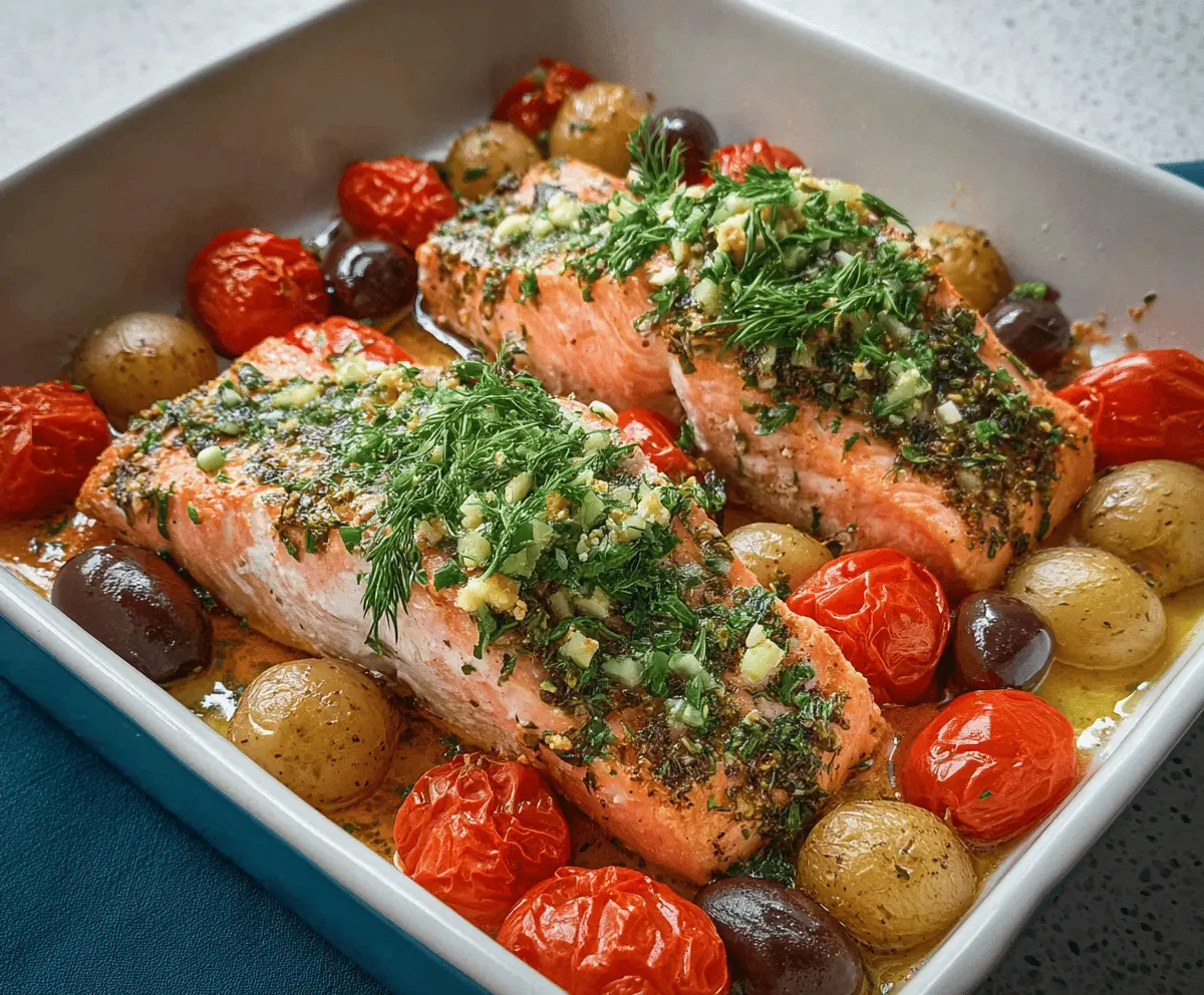 Delicious oven-baked Greek salmon seasoned with herbs and lemon, served on a white plate.