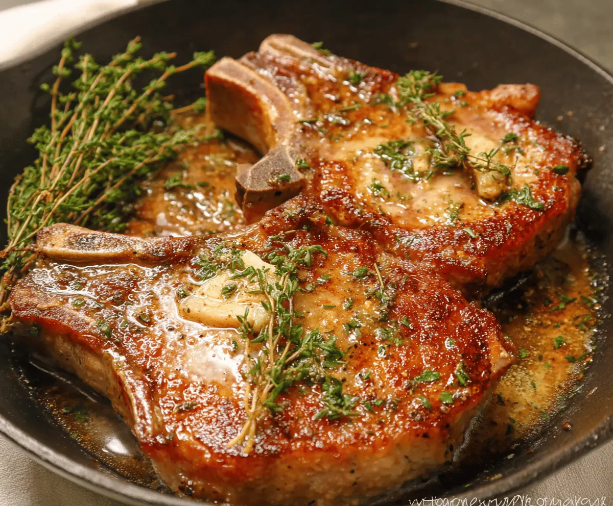 Juicy pan-seared pork chops with golden-brown crust served on a plate, garnished with fresh herbs, perfect for a delicious dinner meal.