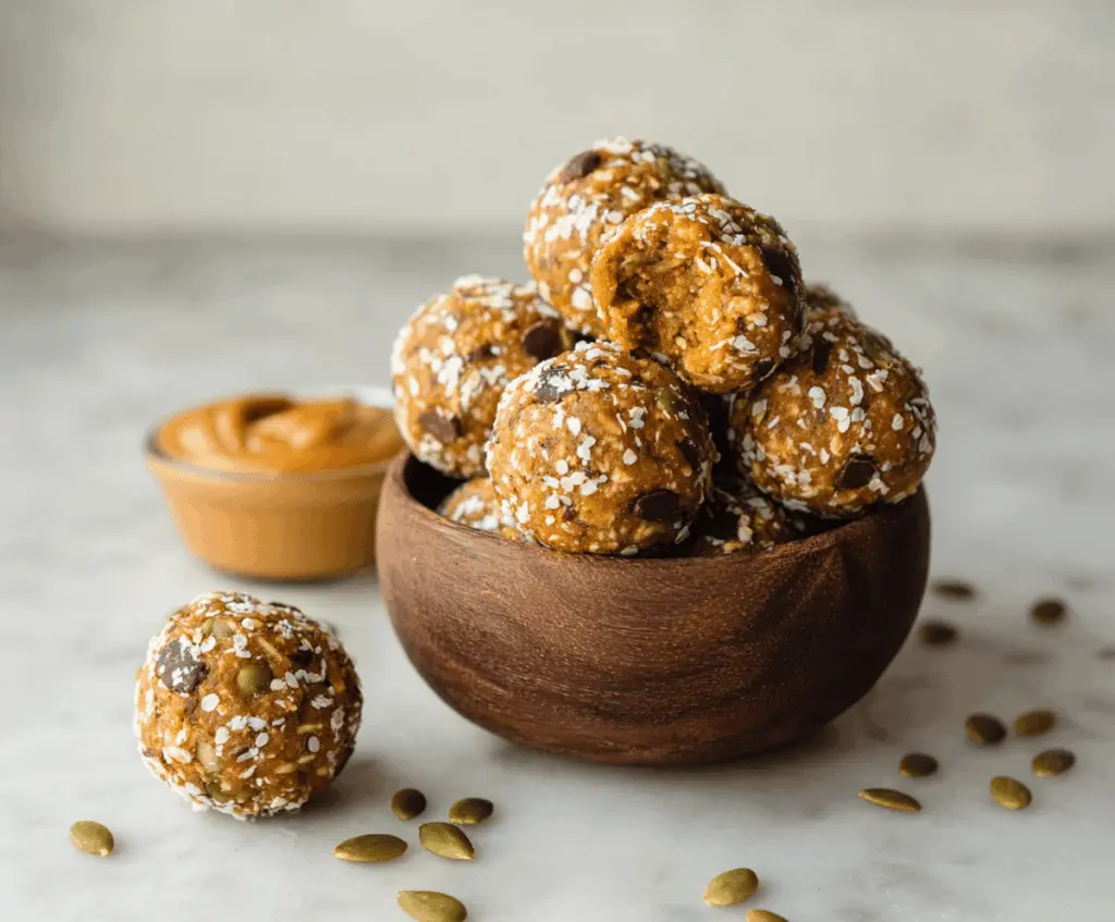 Healthy peanut butter pumpkin protein balls on a white plate, featuring oats, chia seeds, and chocolate chips, perfect for a nutritious snack.