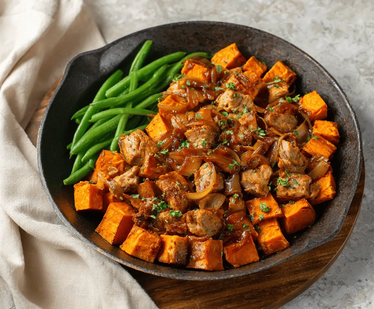 Delicious pork and sweet potato skillet with colorful vegetables, ready to serve healthy and hearty meal