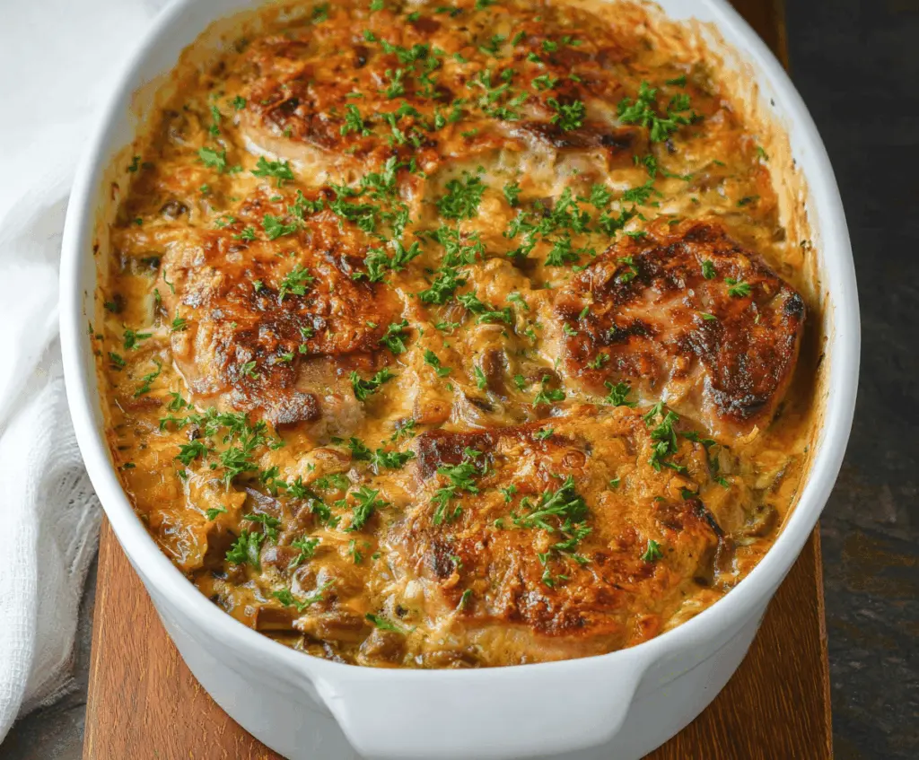 Delicious pork chop casserole with golden-brown topping and fresh herbs, served in a baking dish