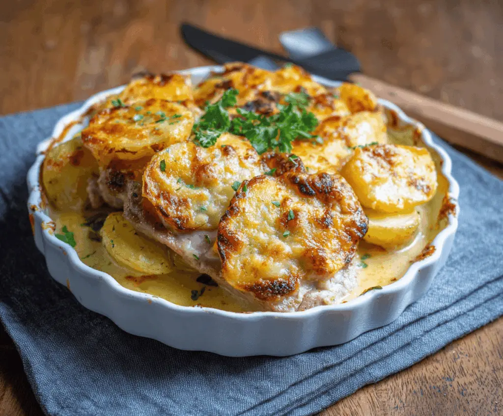 Delicious pork chops and potato casserole served in a baking dish with golden-brown crust and fresh herbs