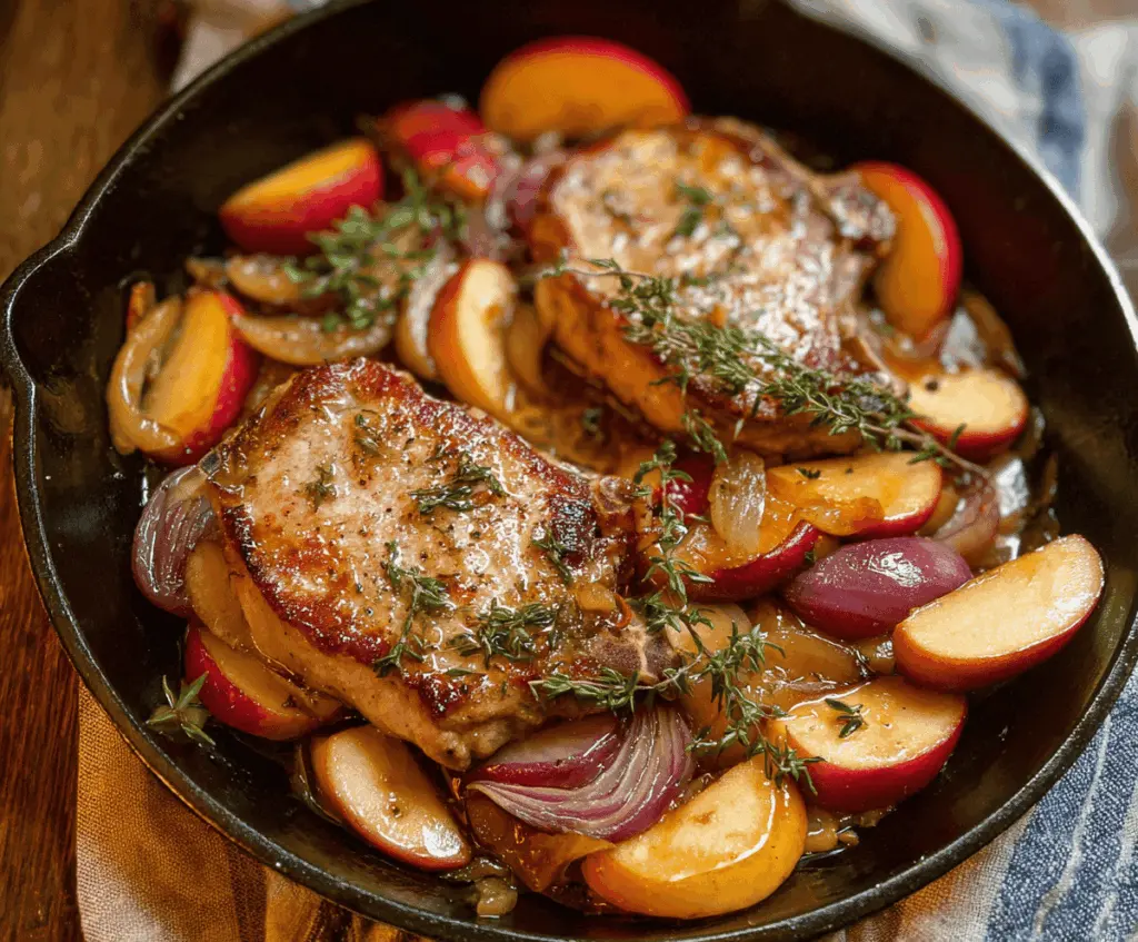 Juicy pork chops cooked with sweet apples and caramelized onions on a plate, ready to serve.