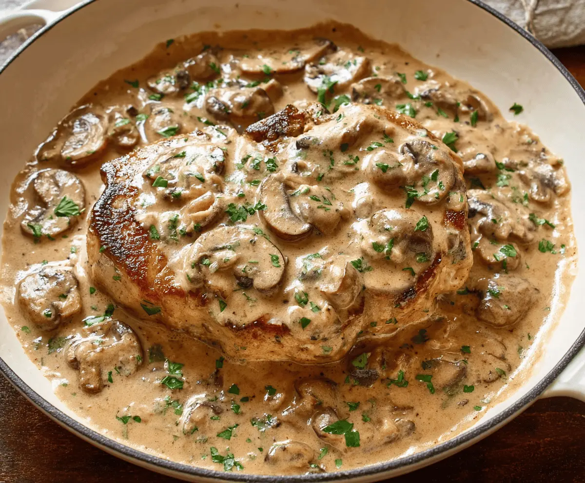 Juicy pork chops topped with creamy mushroom soup served on a plate, garnished with fresh herbs for a flavorful meal