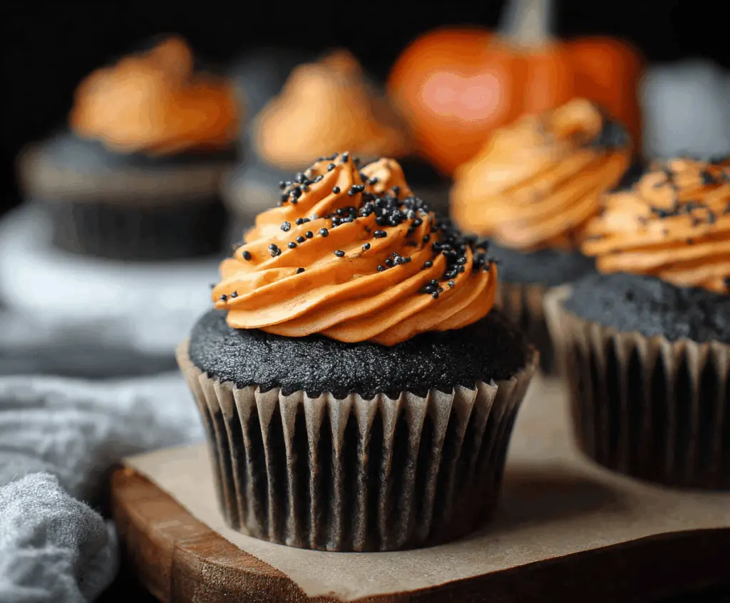 Delicious pumpkin black velvet cupcakes topped with creamy frosting and autumn decorations on a festive plate