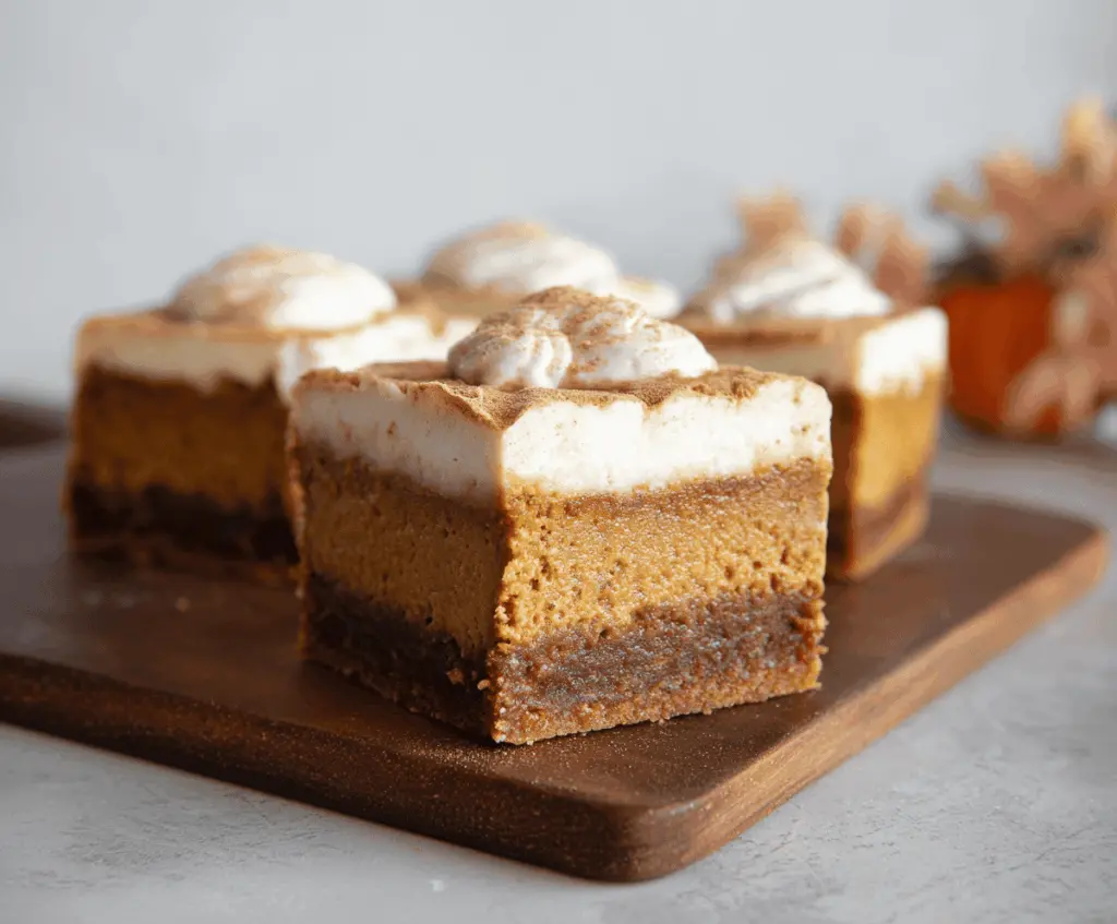Delicious pumpkin blondie cheesecake bars topped with creamy frosting and cinnamon, perfect for fall dessert celebrations.