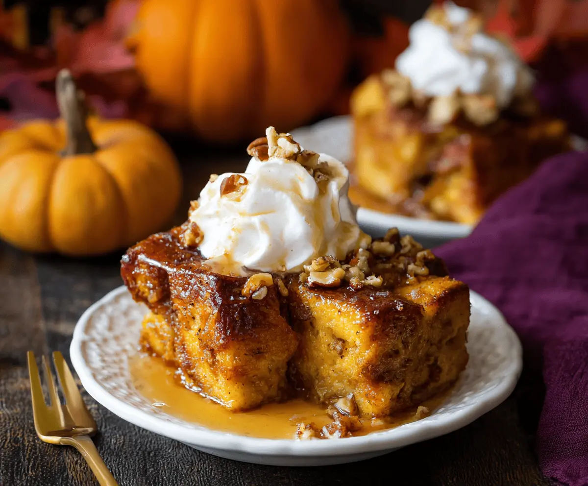 Delicious pumpkin bread pudding topped with whipped cream, perfect for fall desserts.