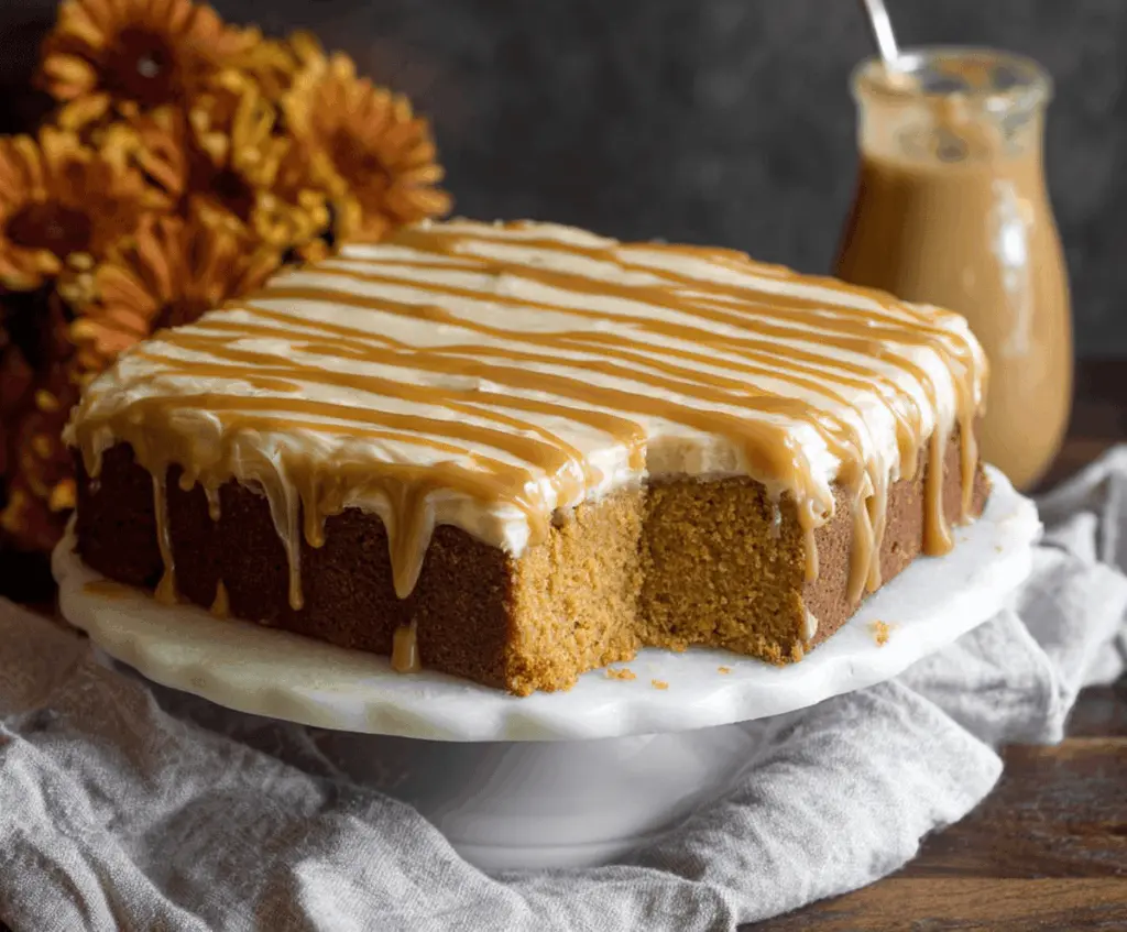 Delicious homemade pumpkin cake topped with rich caramel cream cheese frosting, perfect for fall desserts and celebrations.