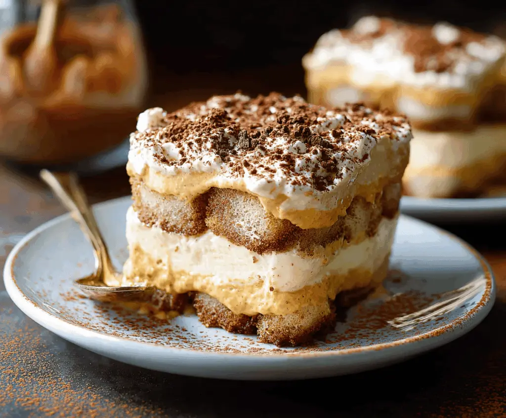 Creamy Pumpkin Chai Tiramisu dessert with layers of coffee-soaked ladyfingers, pumpkin spice, and whipped mascarpone cheese garnished with a cinnamon dusting.