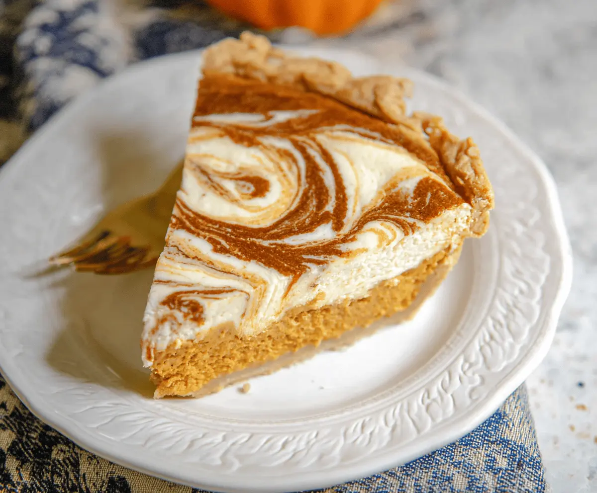 Delicious pumpkin cheesecake swirl pie with a creamy topping and a graham cracker crust