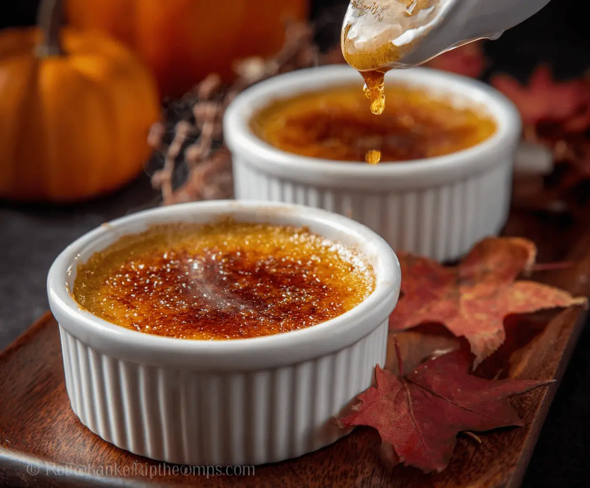 Creamy pumpkin creme brulee topped with caramelized sugar and whipped cream, perfect for fall desserts.