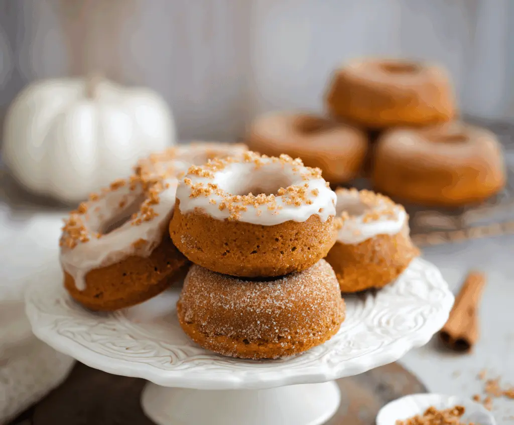 Freshly baked pumpkin donuts topped with cinnamon sugar, ready to enjoy as a delicious fall treat.