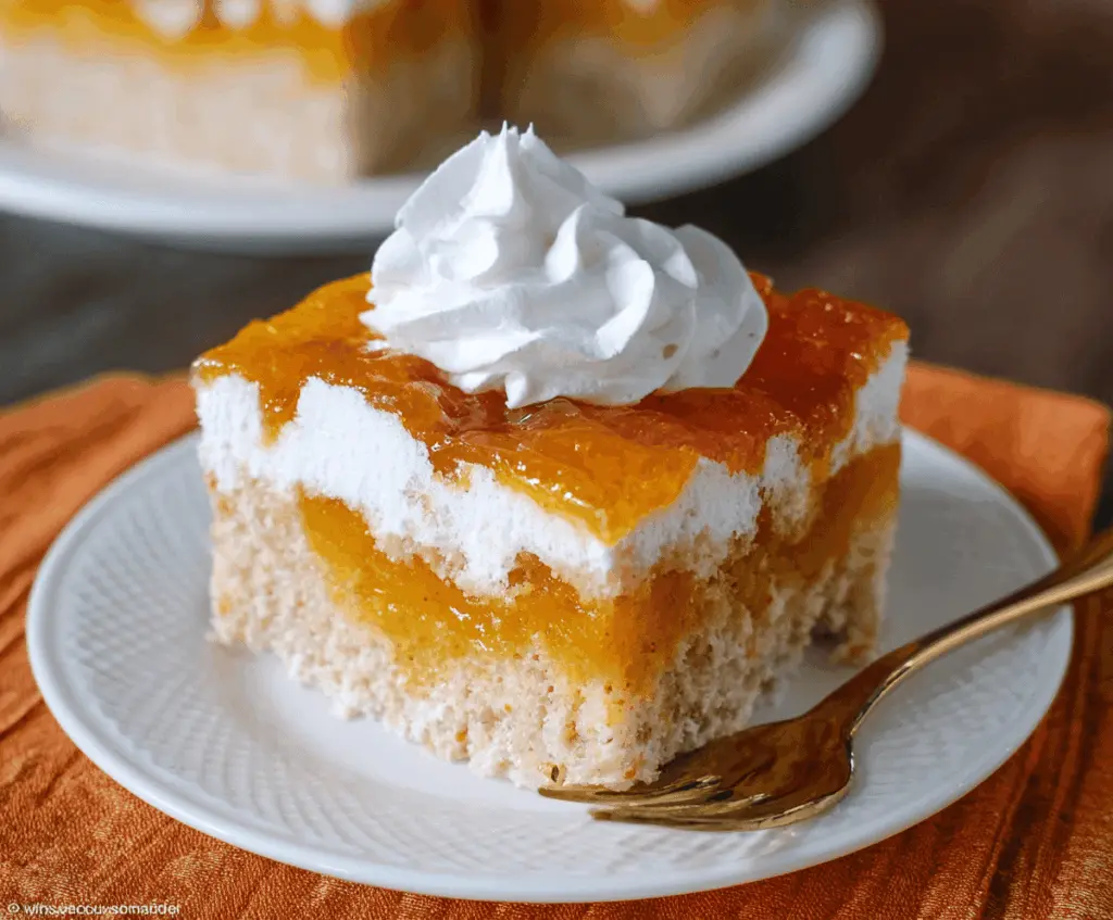 Delicious Pumpkin Jello Poke Cake topped with whipped cream and festive fall spices, perfect for autumn desserts.