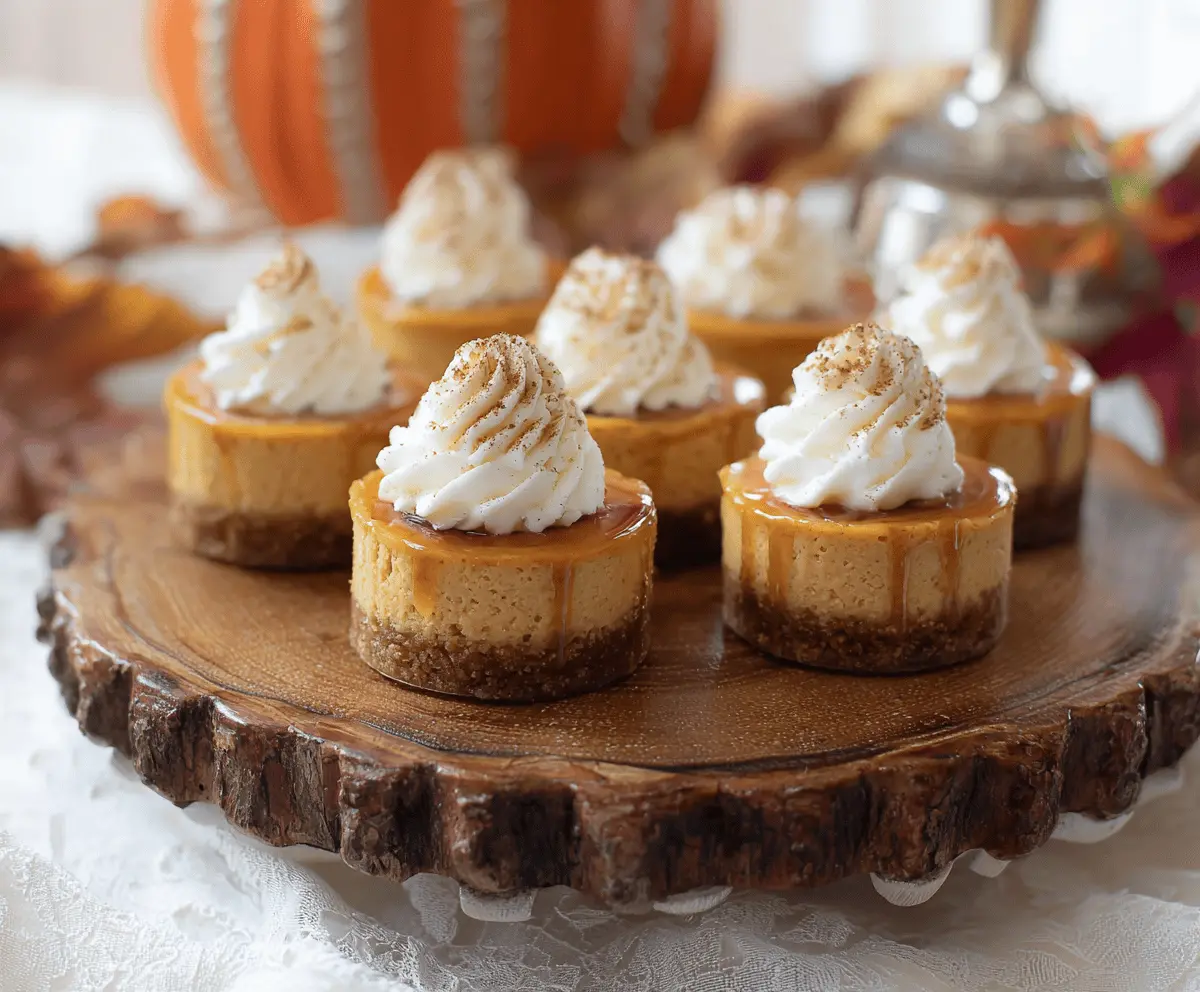 Delicious Pumpkin Mini Cheesecakes topped with whipped cream and cinnamon, perfect for fall desserts.