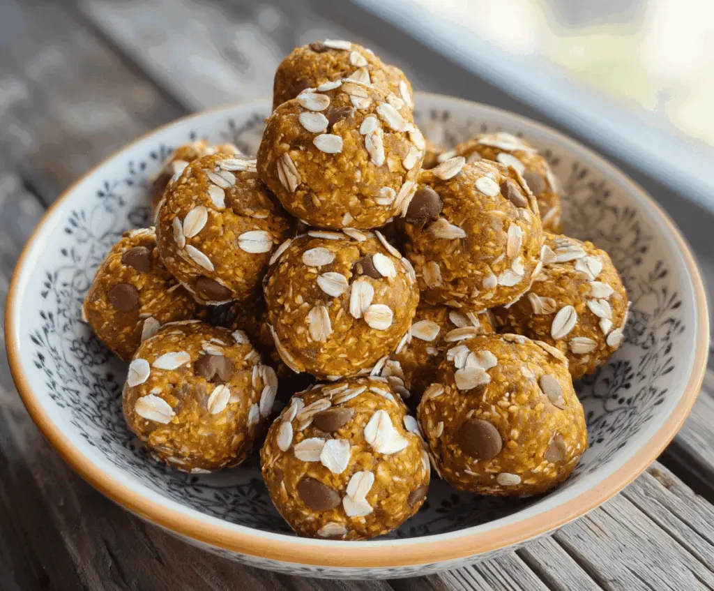 Healthy Pumpkin Oat Protein Balls on a white plate with fall spices and pumpkin seeds, perfect for a nutritious snack